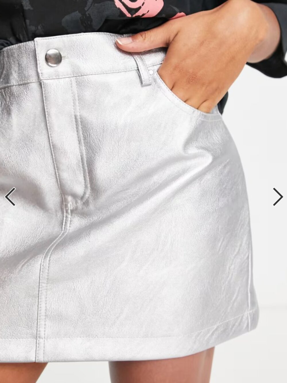 Topshop Leather Look Denim Styling Mini Skirt in Metallic Silver Sz 10 - Picture 3 of 4